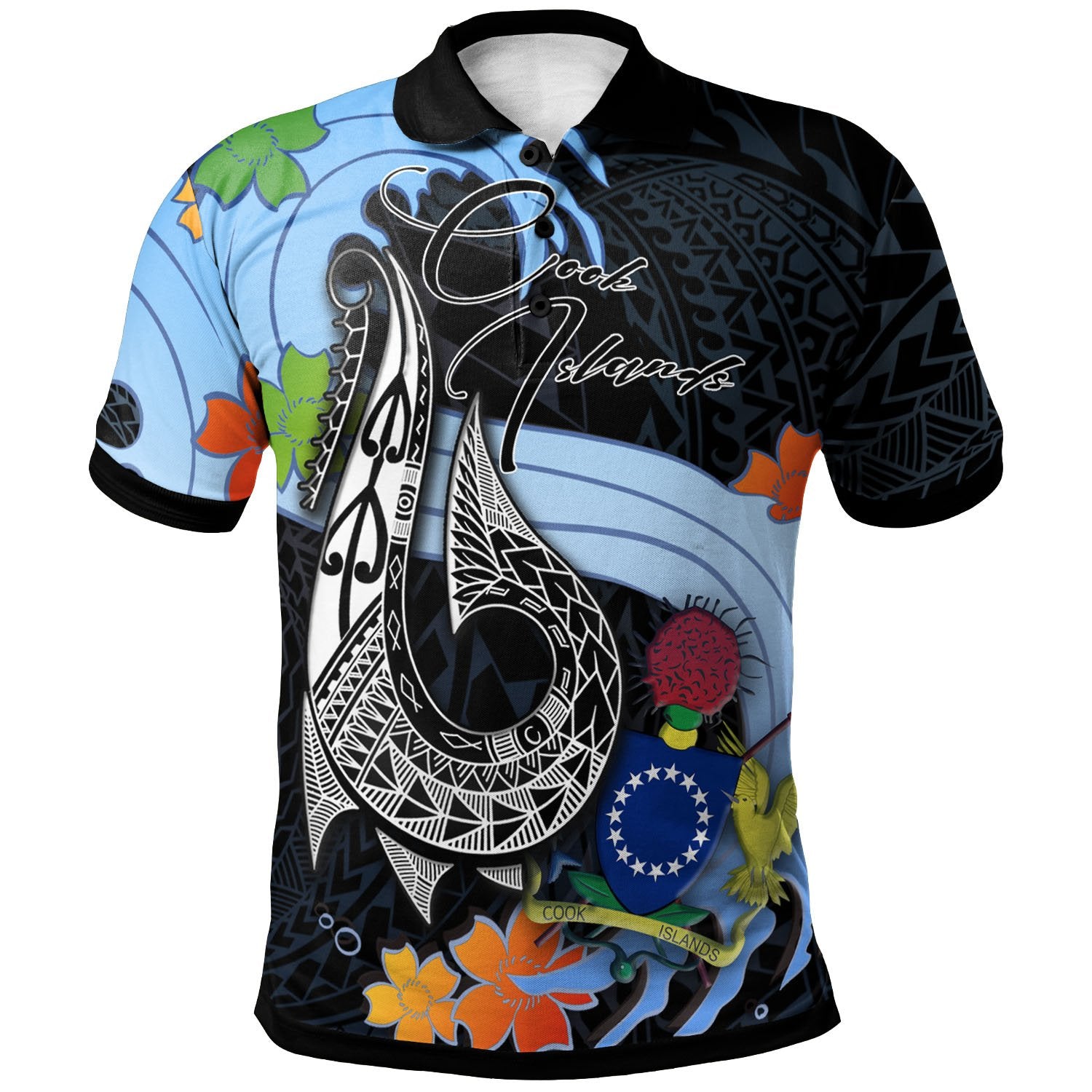 Cook Islands Polo Shirt Fish Hooks and Wave Unisex Black - Polynesian Pride