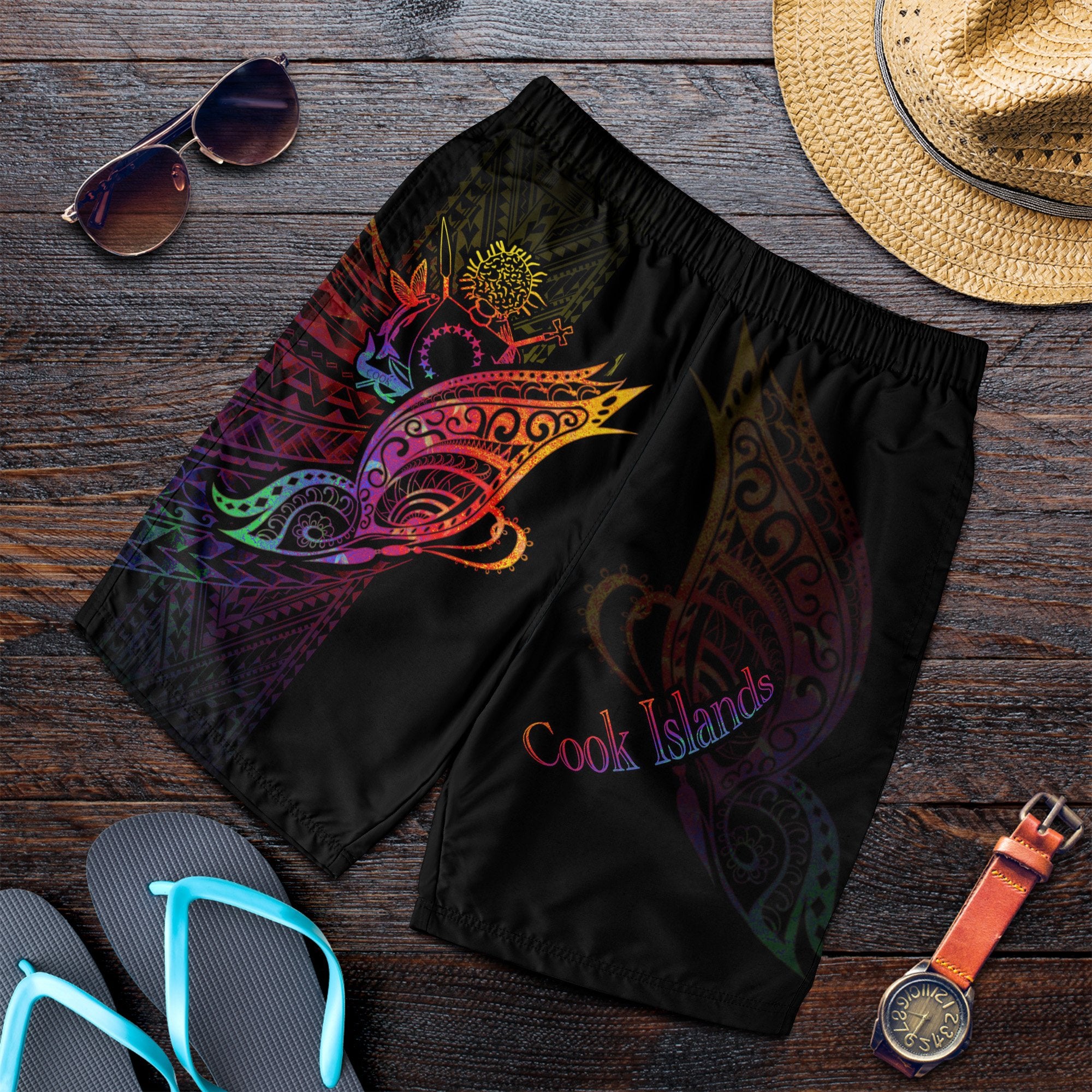 Cook Islands Men's Shorts - Butterfly Polynesian Style Black - Polynesian Pride