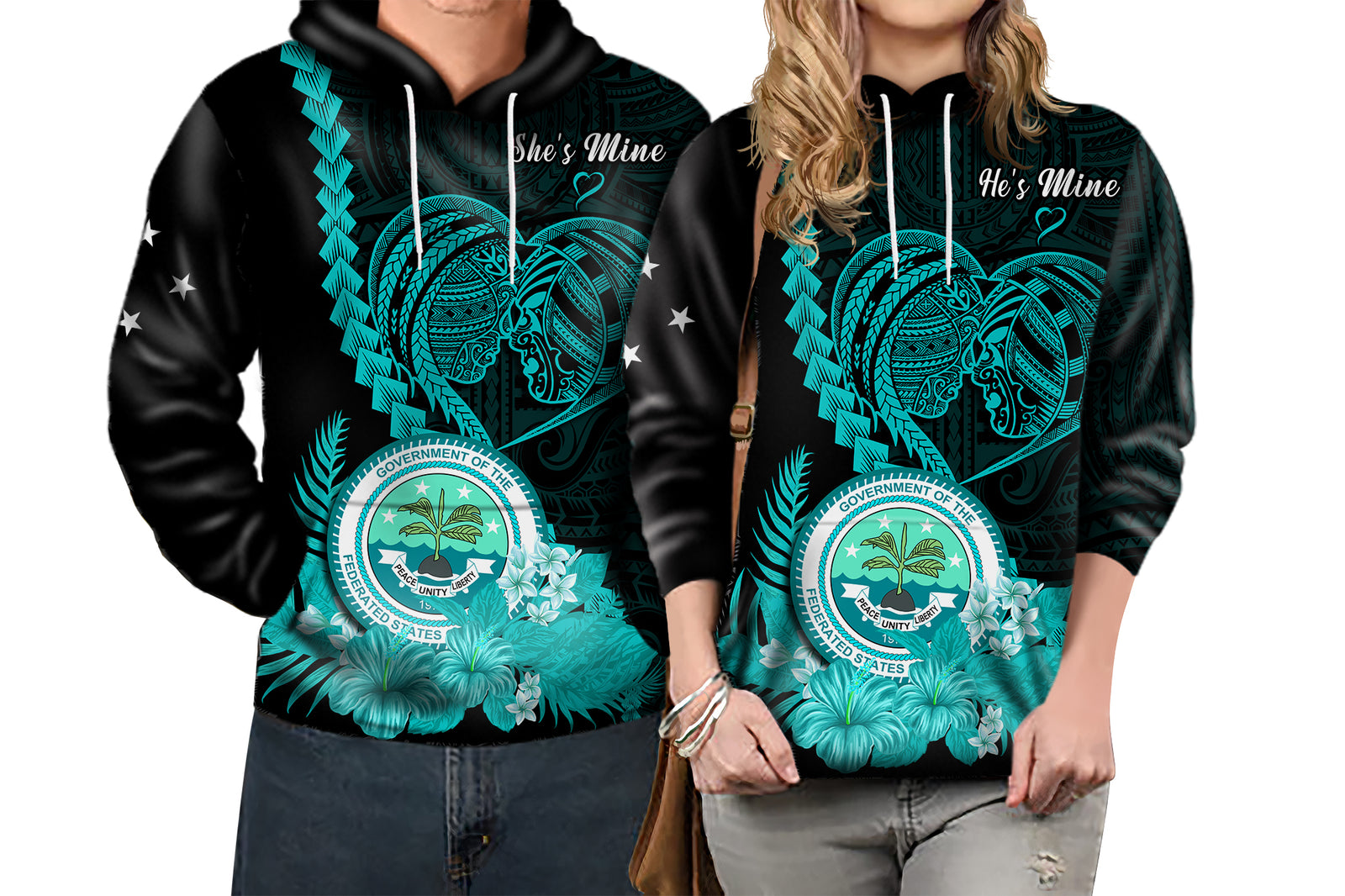 Custom FSM Valentine Couple Hoodie Heart Love Tropical Flowers Turquoise LT14 - Polynesian Pride