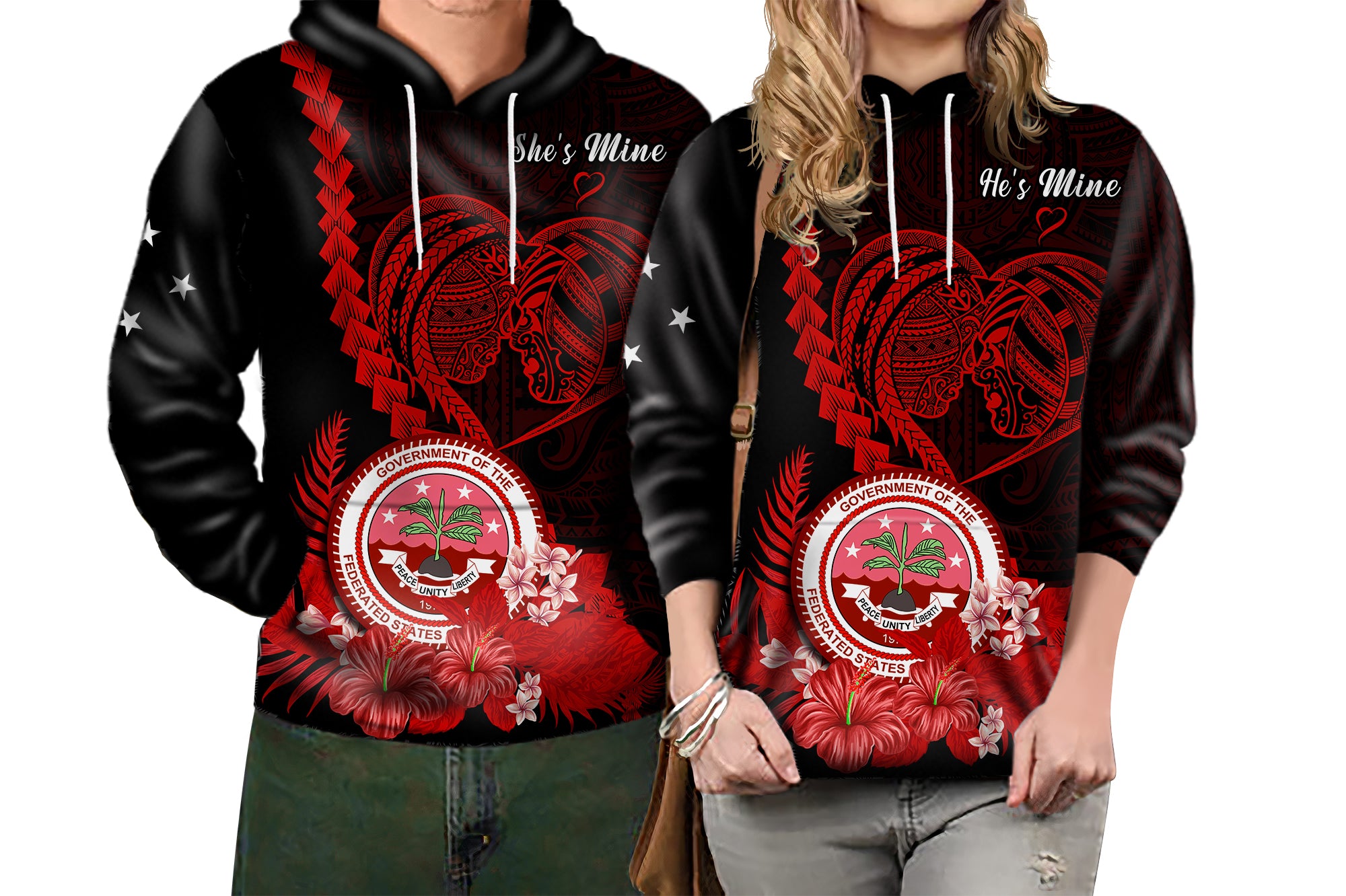 Custom FSM Valentine Couple Hoodie Heart Love Tropical Flowers Red LT14 - Polynesian Pride