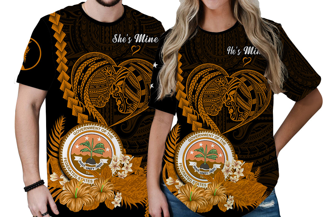 Custom FSM Valentine Couple T Shirt Heart Love Tropical Flowers Gold LT14 - Polynesian Pride