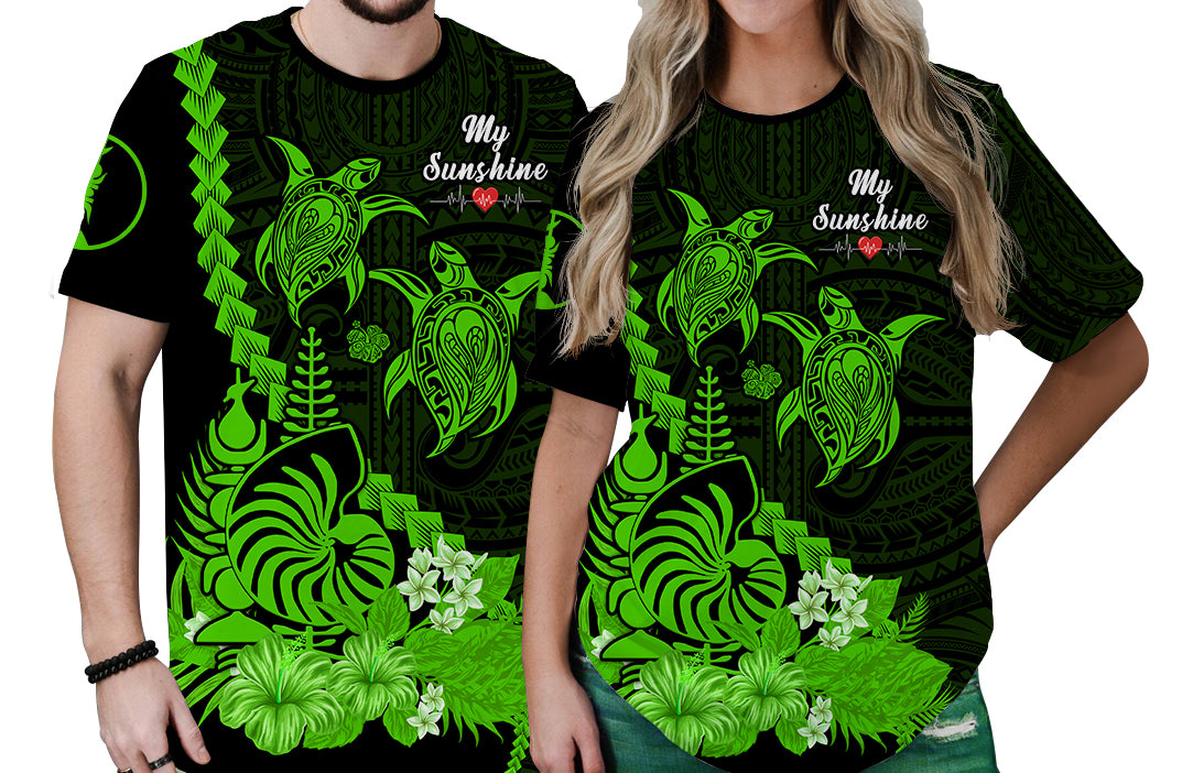 Custom New Caledonia Valentine Couple T Shirt My Sunshine Polynesia Turtle Green LT14 No Men - Polynesian Pride
