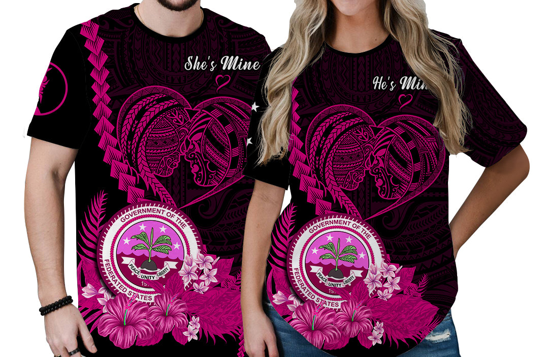 Custom FSM Valentine Couple T Shirt Heart Love Tropical Flowers Pink LT14 - Polynesian Pride