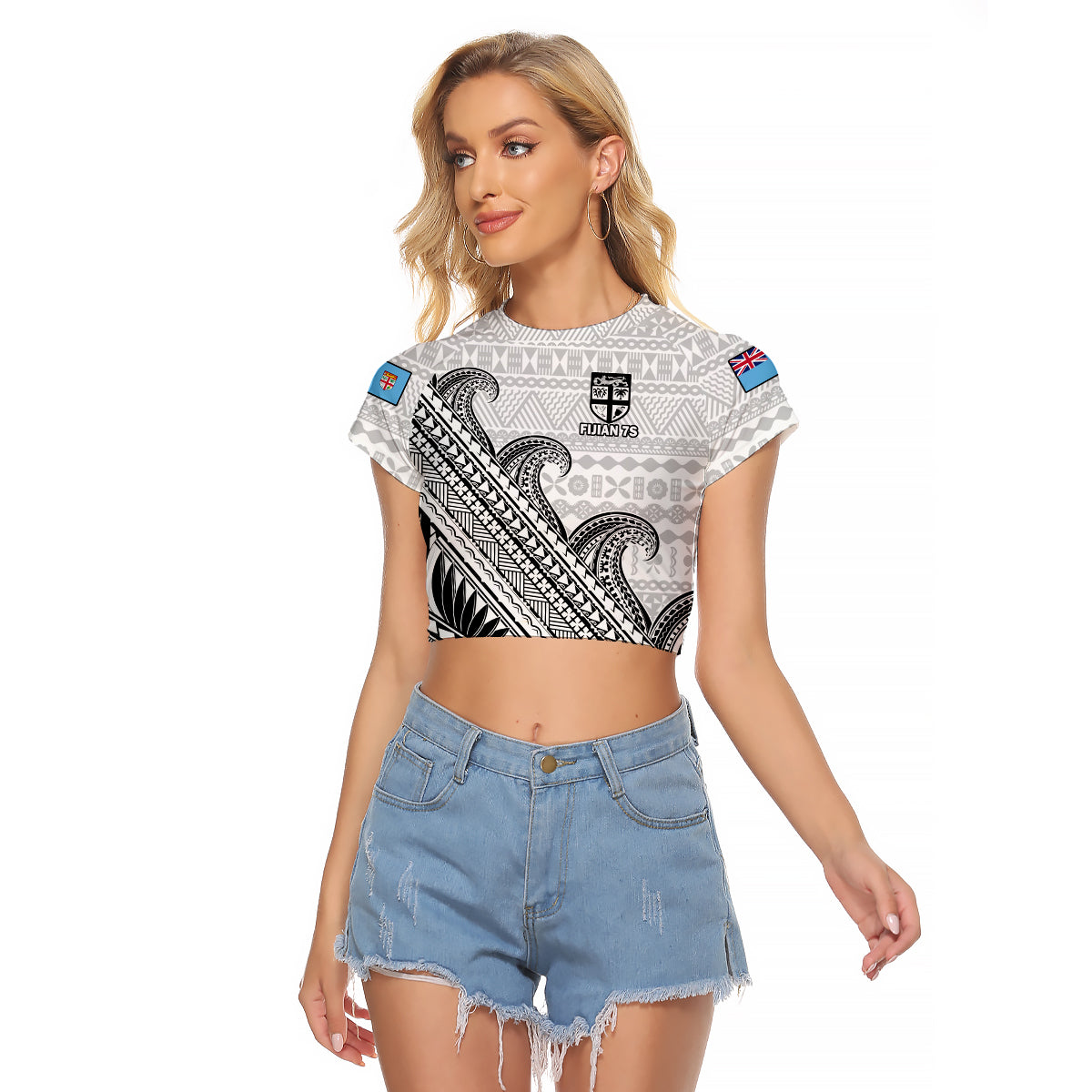 (Custom Text And Number) Fiji Sevens Rugby Raglan Cropped T Shirt Fijian 7s Tapa Polynesian Art LT14 Female White - Polynesian Pride