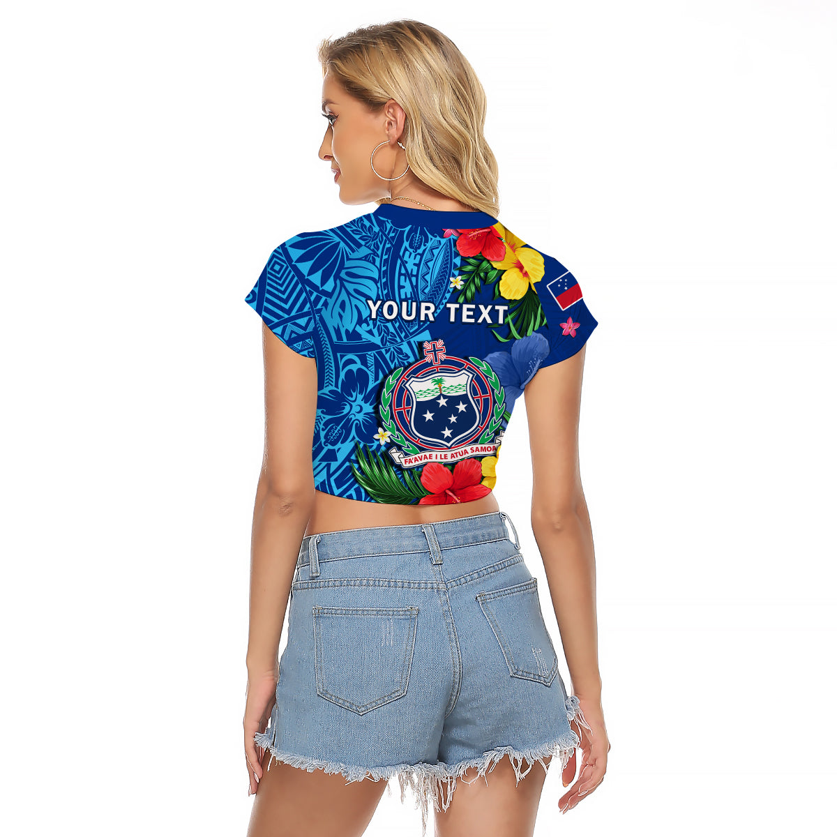 (Custom Personalised) Samoa Raglan Cropped T Shirt Coat Of Arms Mix Tropical Flowers LT14 - Polynesian Pride