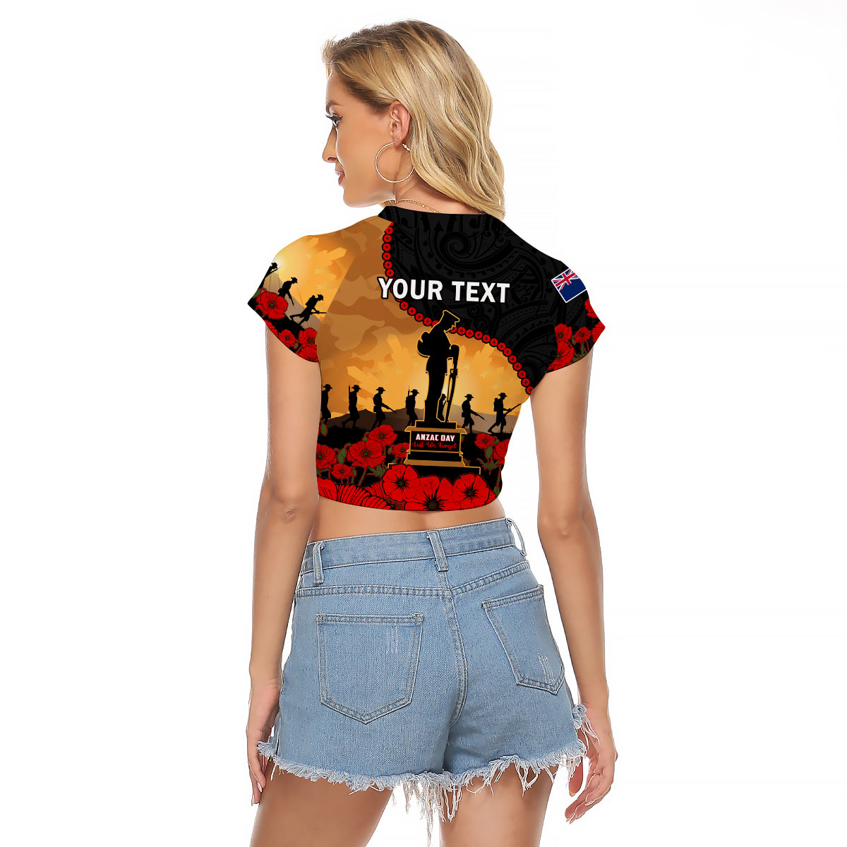 (Custom Personalised) New Zealand Anzac Raglan Cropped T Shirt Maori Camouflage Mix Poppies We Will Remember Them LT14 - Polynesian Pride