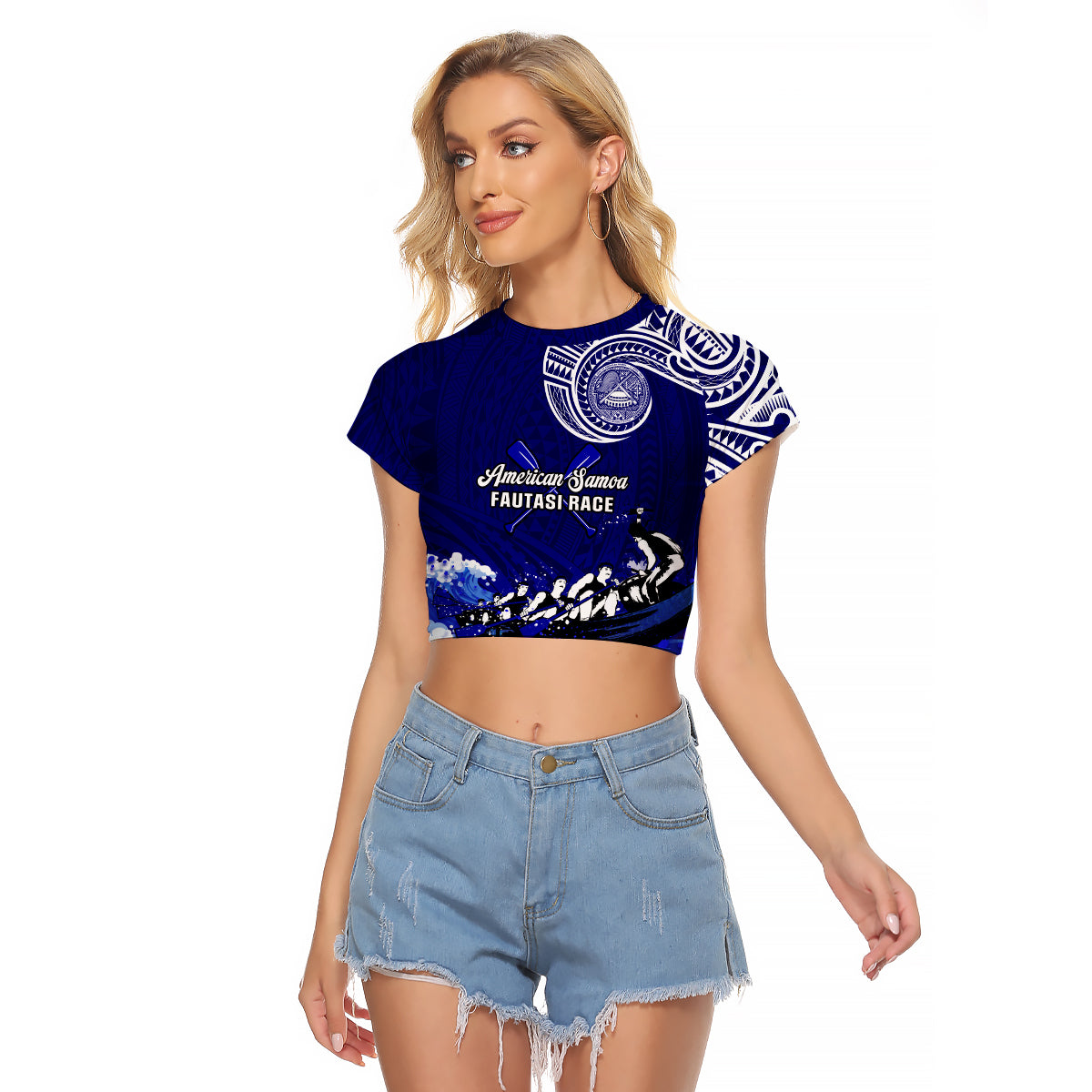 (Custom Personalised) American Samoa Raglan Cropped T Shirt Fautasi Race Samoan Pattern Ver.01 LT14 Female Blue - Polynesian Pride