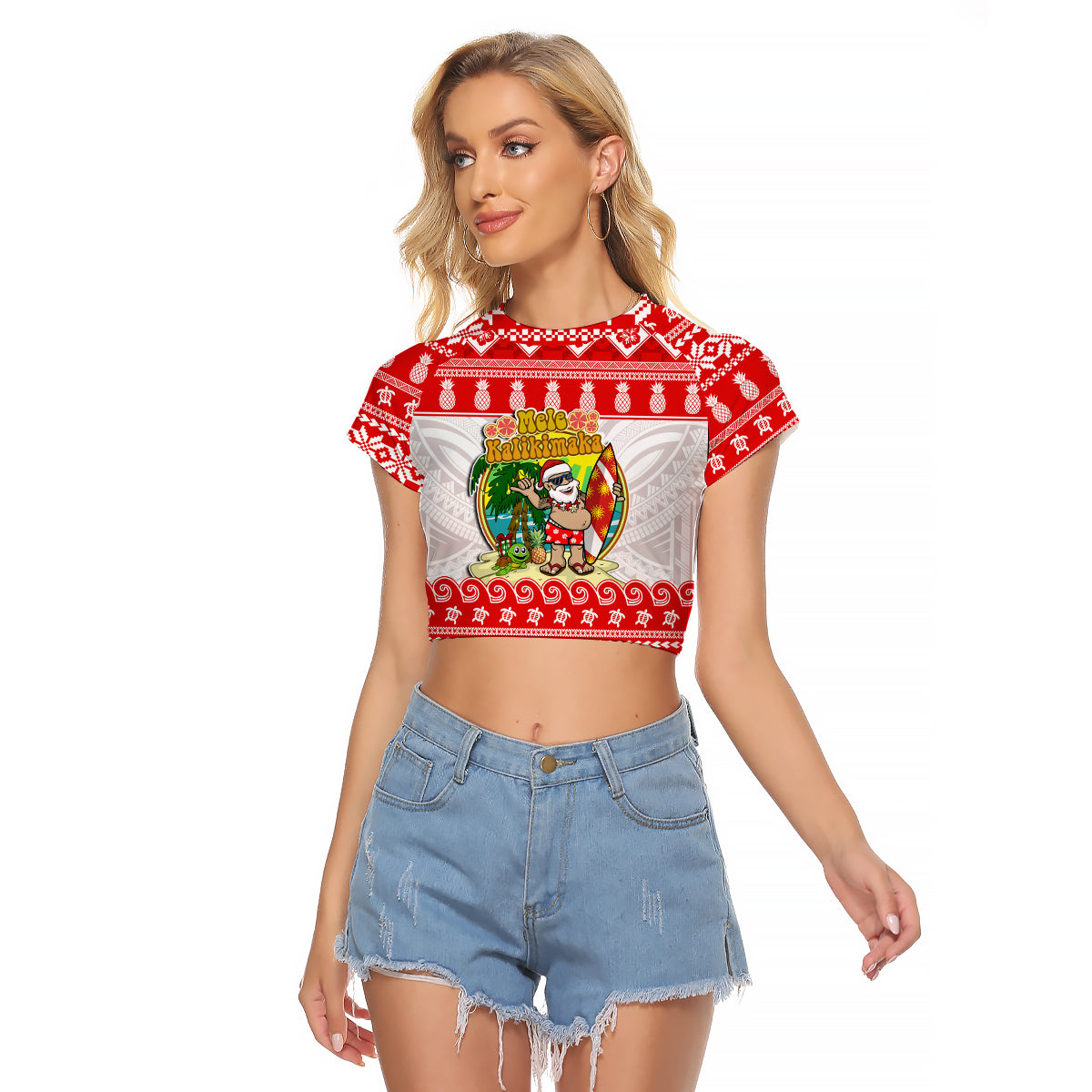 Custom Personalised Hawaii Christmas Raglan Cropped T Shirt Kanaka Polynesian Santa Claus Mele Kalikimaka LT14 Female Red - Polynesian Pride