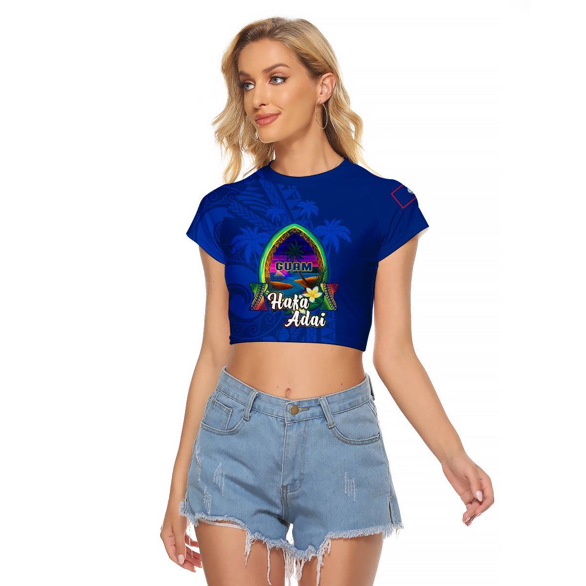 (Custom Personalised) Guam Raglan Cropped T Shirt Hafa Adai Latte Stone Proud Chamorro LT14 Female Blue - Polynesian Pride