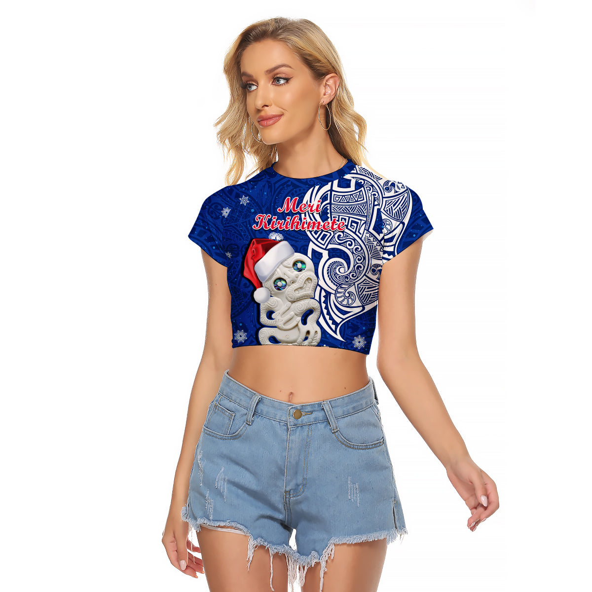 New Zealand Christmas Raglan Cropped T Shirt Hei Tiki Blue Pohutukawa Meri Kirihimete LT14 Female Blue - Polynesian Pride