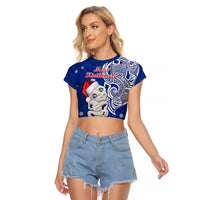 New Zealand Christmas Raglan Cropped T Shirt Hei Tiki Blue Pohutukawa Meri Kirihimete LT14 Female Blue - Polynesian Pride