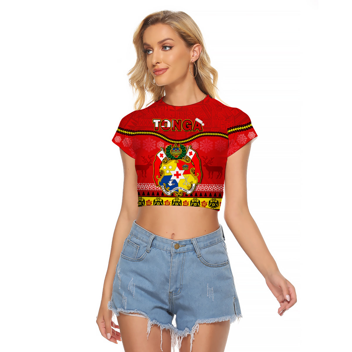 Tonga Christmas Raglan Cropped T Shirt Tongan Ngatu Kilisimasi Fiefia LT14 Female Red - Polynesian Pride