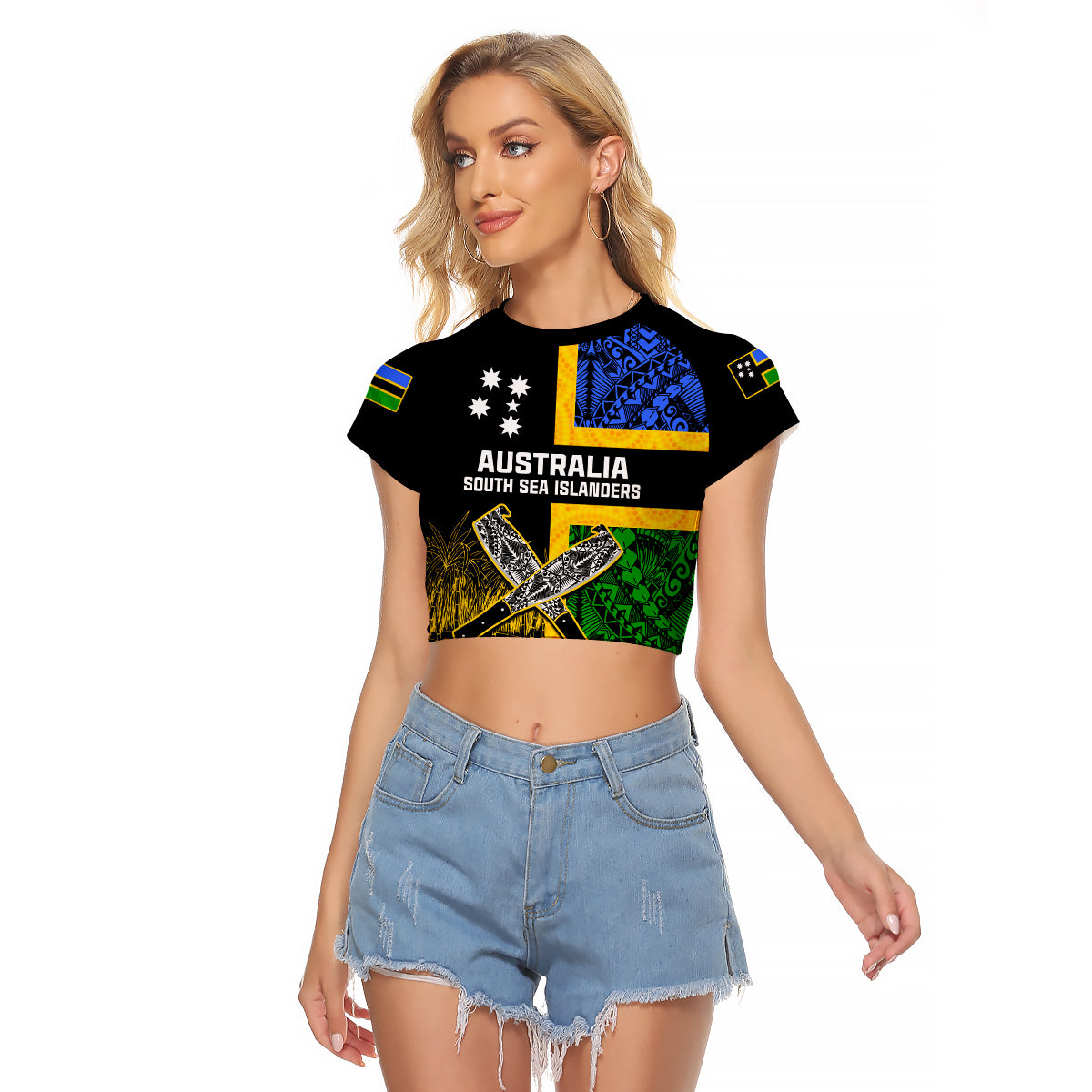 (Custom Personalised) Australian South Sea Islanders Flag Style Crop T Shirt LT14 Female Black - Polynesian Pride