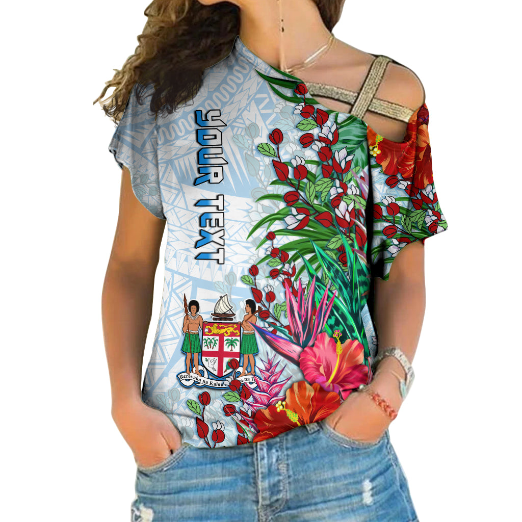 (Custom Personalised) Fiji Cross Shoulder Shirt Proud Fijian Tapa mix Tagimoucia Flowers LT13 Female White - Polynesian Pride