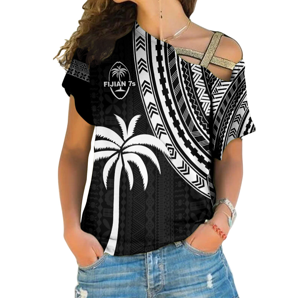 Fiji Rugby Sevens Cross Shoulder Shirt Fijian 7s Tapa Polynesian LT13 Female Black - Polynesian Pride