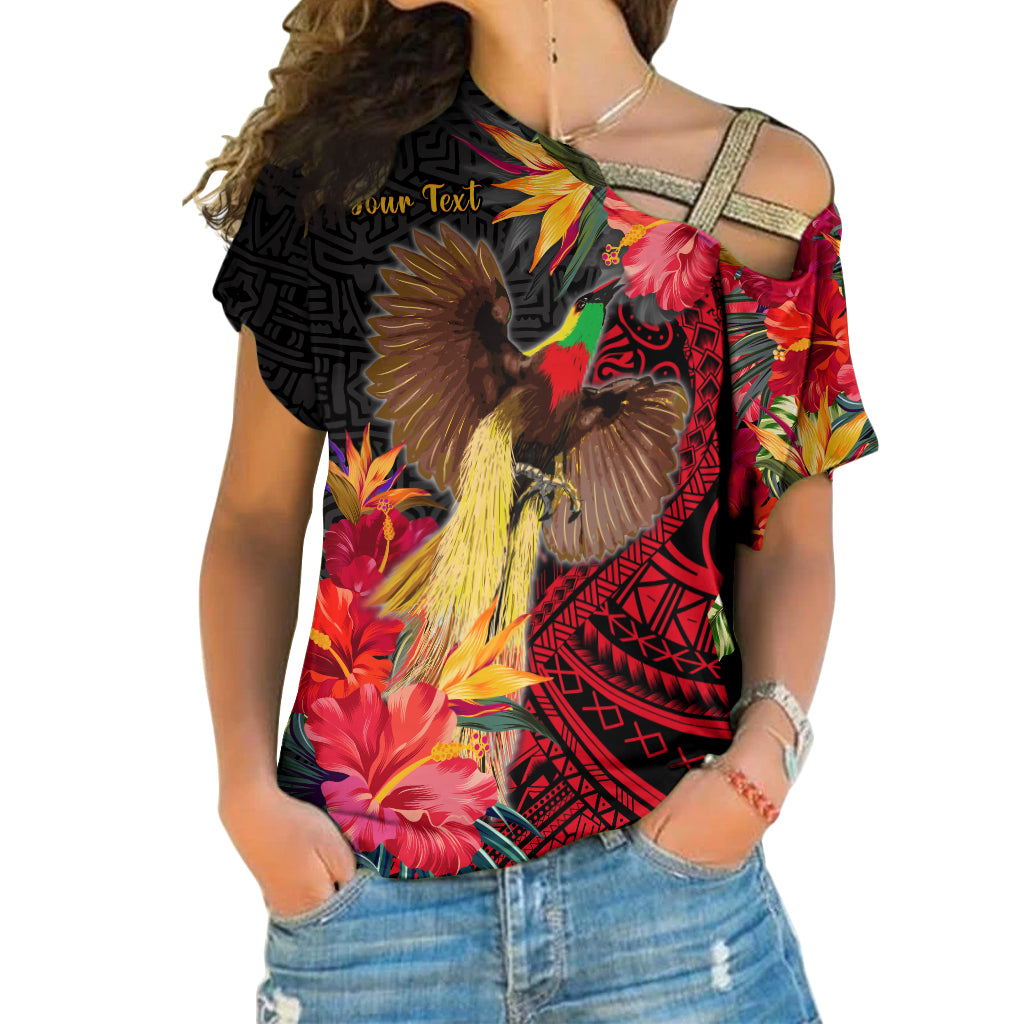 (Custom Personalised) Papua New Guinea Cross Shoulder Shirt Bird of Paradise LT13 Female Black - Polynesian Pride