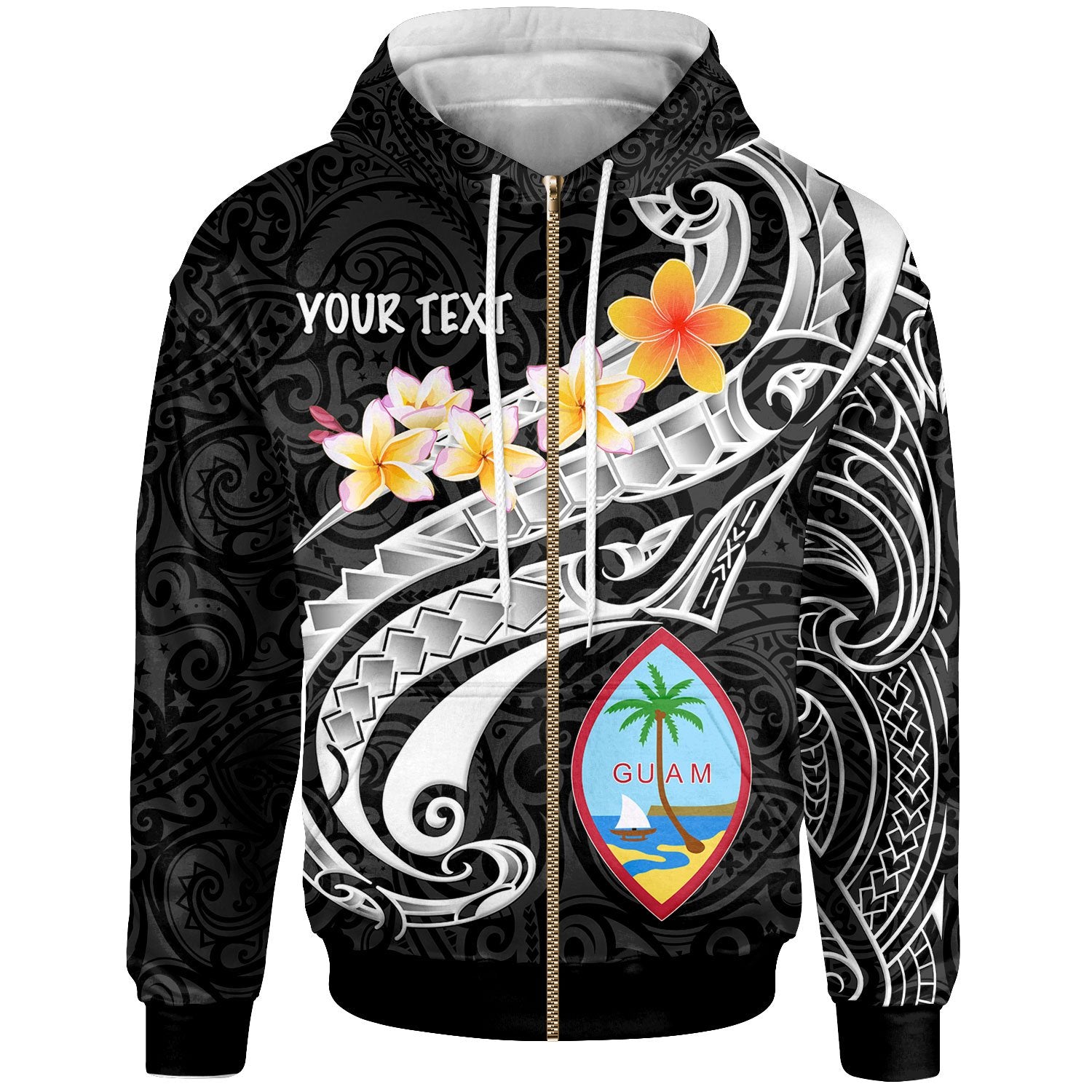 Guam Custom Zip up Hoodie Guam Seal Polynesian Patterns Plumeria (Black) Unisex Black - Polynesian Pride