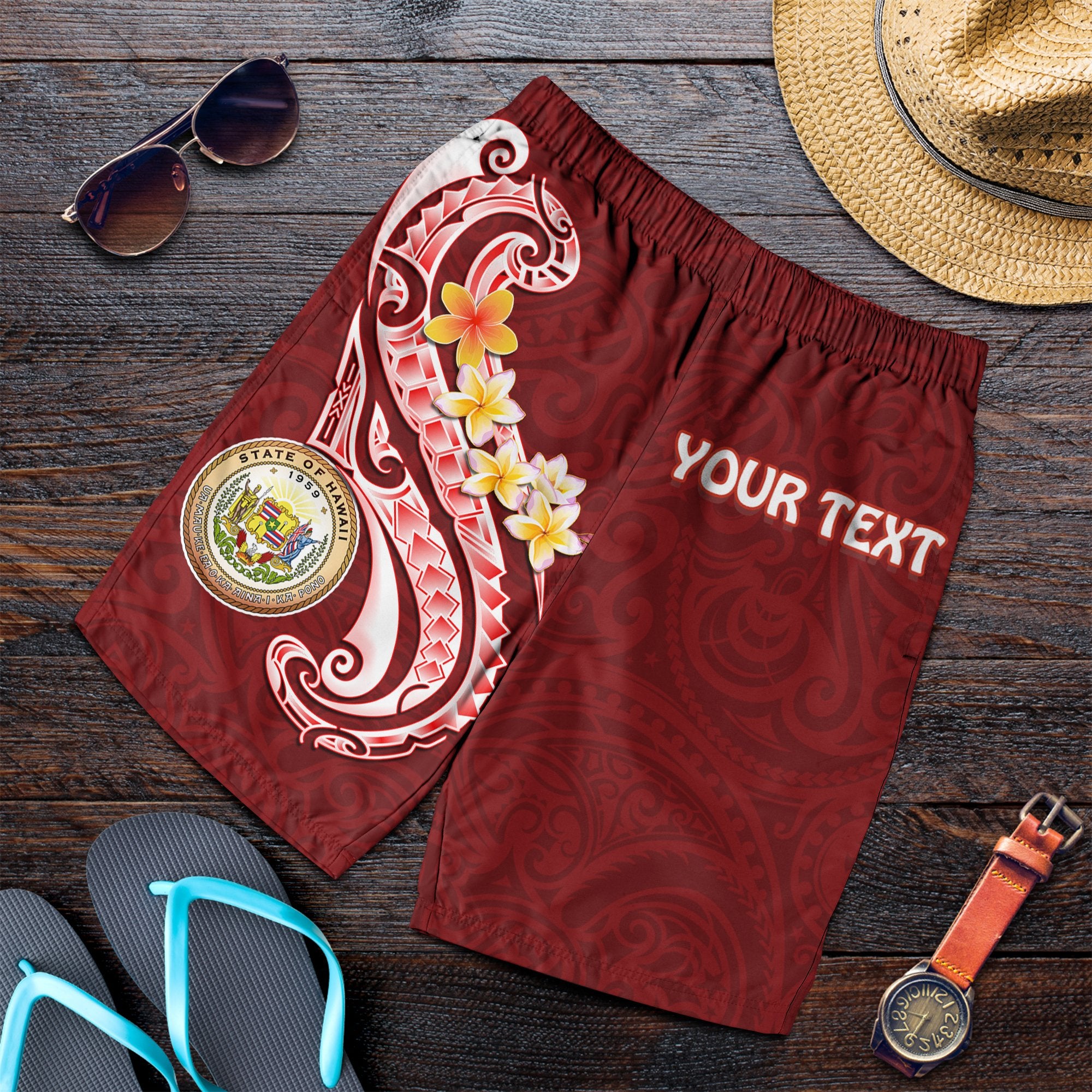 Hawaii Personalised Men's Shorts - Hawaii Seal Polynesian Patterns Plumeria Red - Polynesian Pride