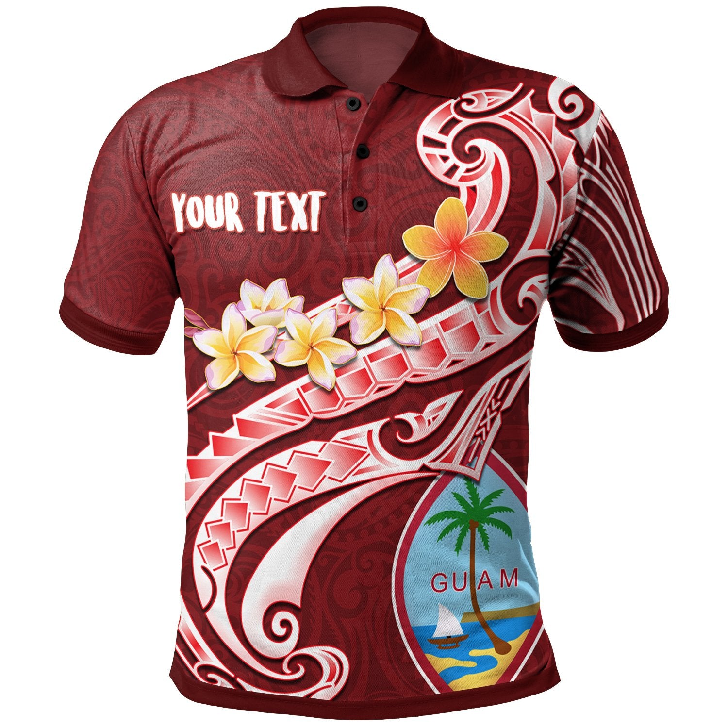 Guam Custom Polynesian Hawaii Polo Guam Seal Polynesian Patterns Plumeria (Red) Unisex Blue - Polynesian Pride