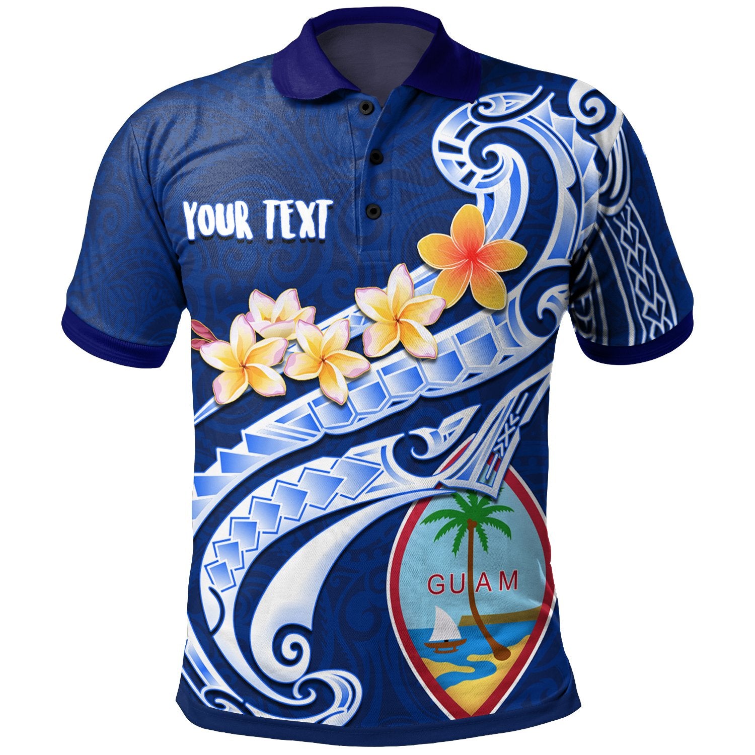 Guam Custom Polo Guam Seal Polynesian Patterns Plumeria (Blue) Unisex Blue - Polynesian Pride