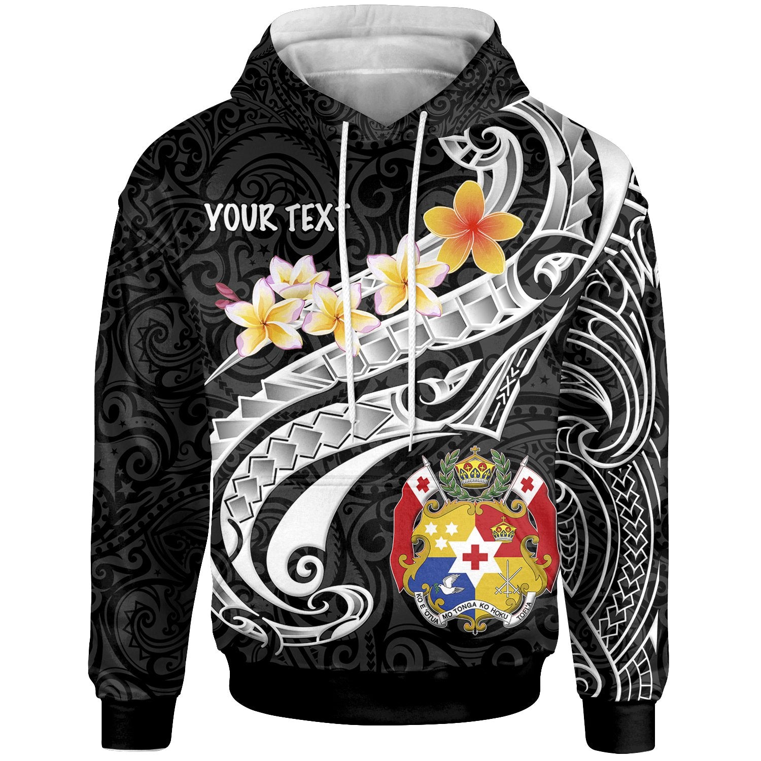 Tonga Custom Hoodie Tonga Seal Polynesian Patterns Plumeria (Black) Unisex Black - Polynesian Pride