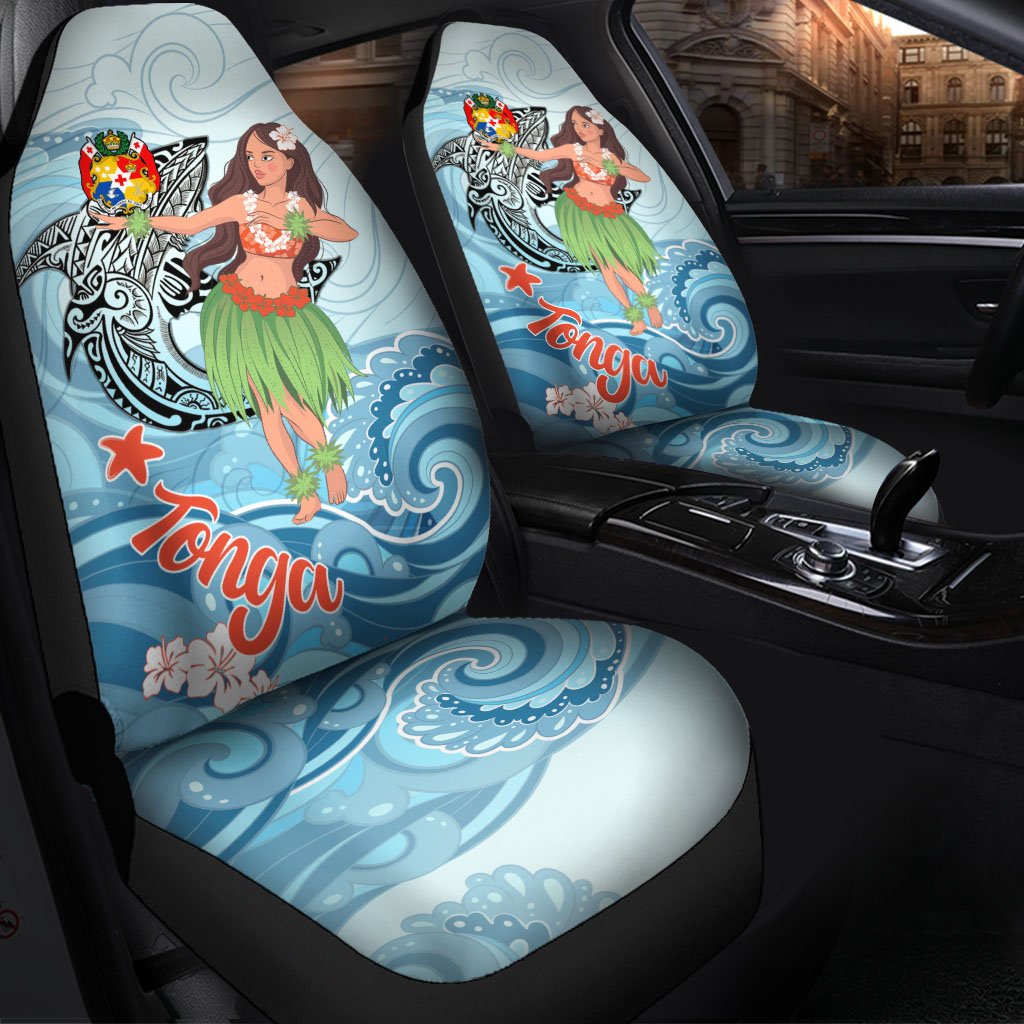 Tonga Car Seat Cover - Polynesian Girls With Shark Universal Fit Red - Polynesian Pride