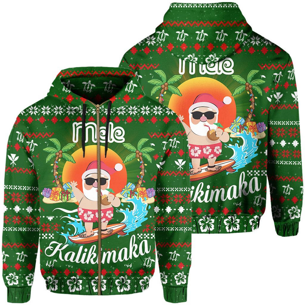Hawaiian Santa Claus Mele Kalikimaka Hoodie Zip Green Aviv Style Unisex Green - Polynesian Pride