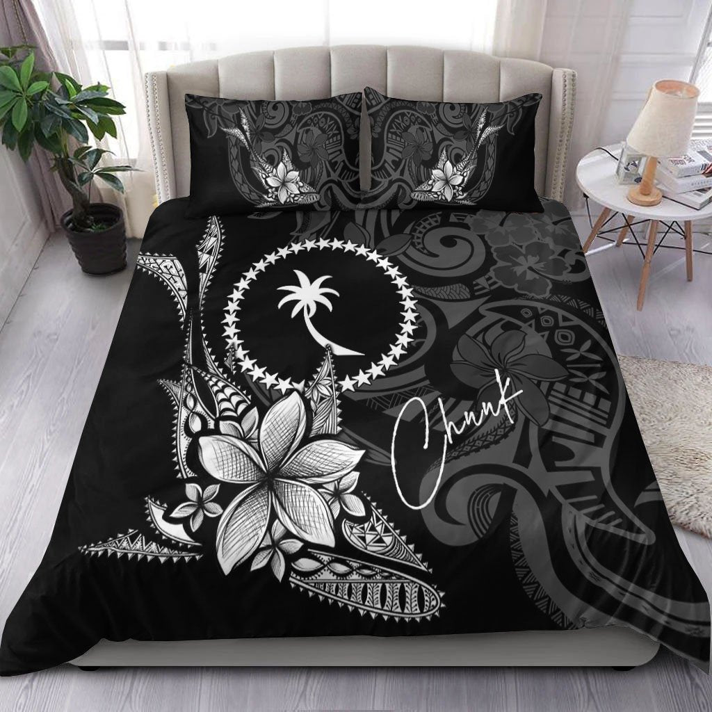 Chuuk State Bedding Set - Fish With Plumeria Flowers Style Black - Polynesian Pride