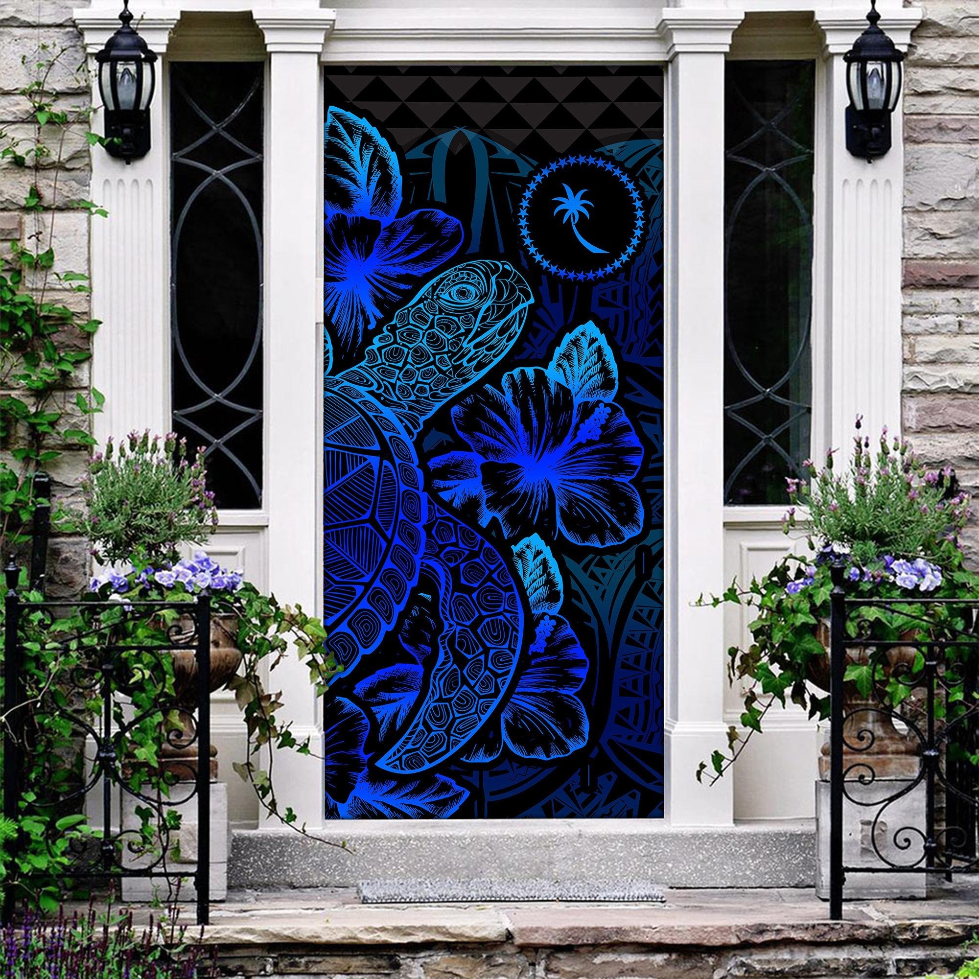 Chuuk Door Cover Turtle Hibiscus Blue - Polynesian Pride