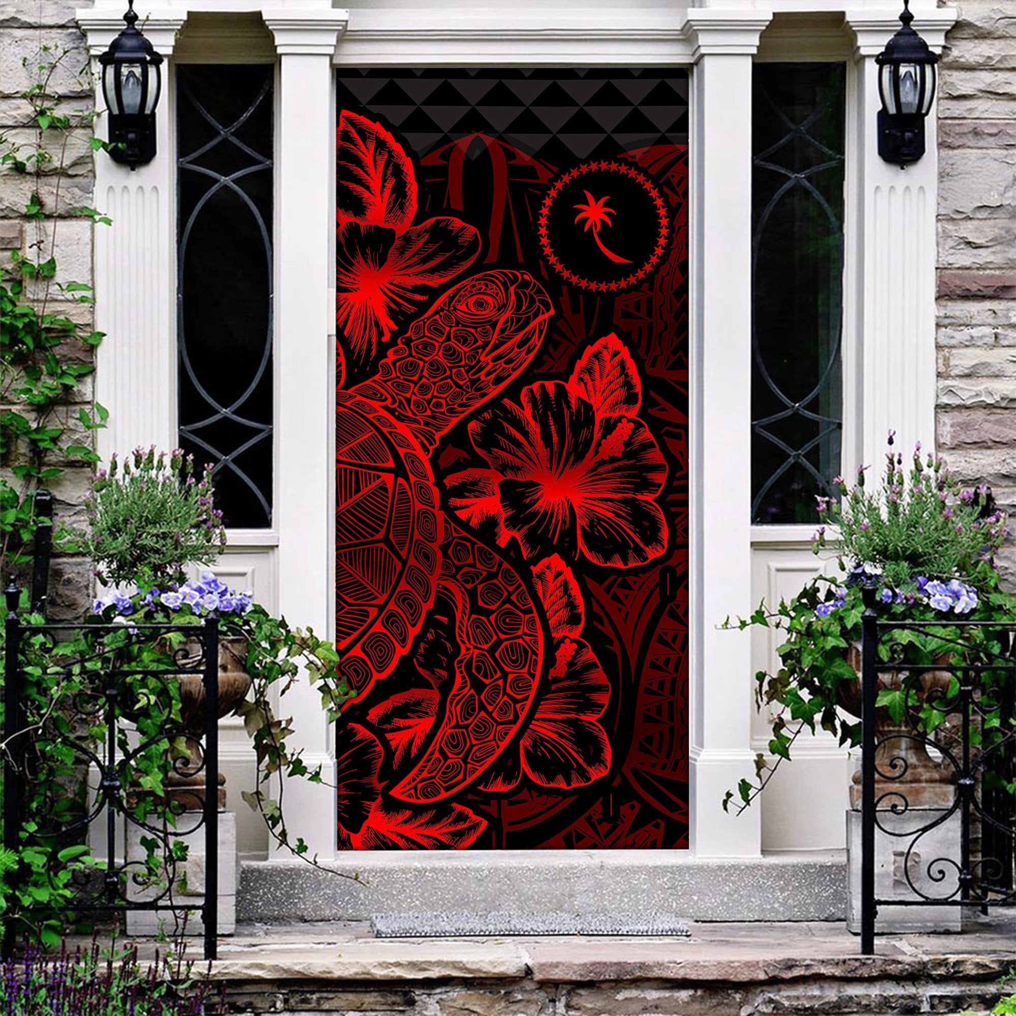 Chuuk Door Cover Turtle Hibiscus Red - Polynesian Pride