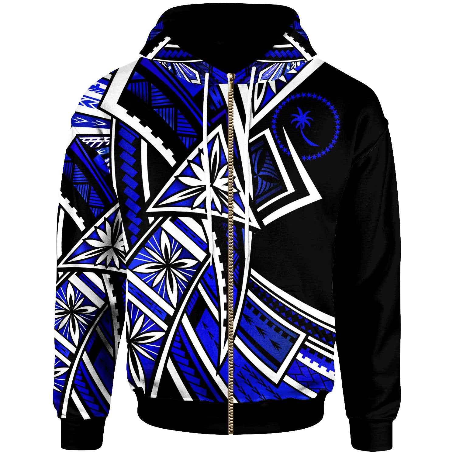 Chuuk Zip Hoodie Tribal Flower Special Pattern Blue Color Unisex Blue - Polynesian Pride