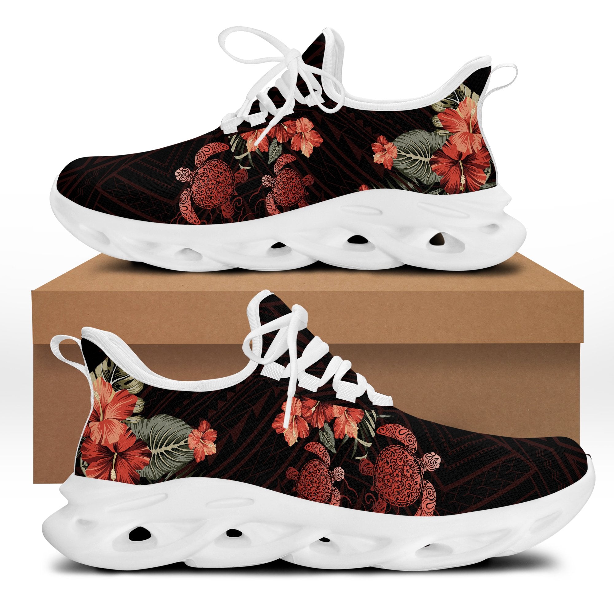 Hawaii Turtle Hibiscus Polynesian Clunky Sneakers - Tina Style - AH White - Polynesian Pride