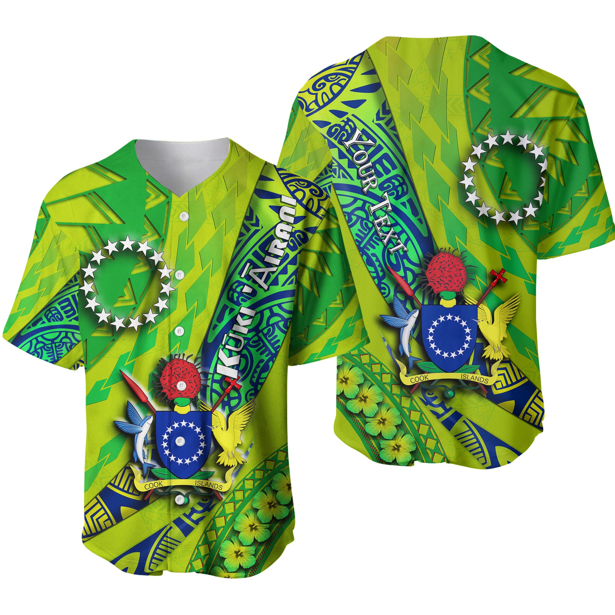 (Custom Personalised) Cook Islands Baseball Jersey Artsy Style - Green LT9 Unisex Green - Polynesian Pride