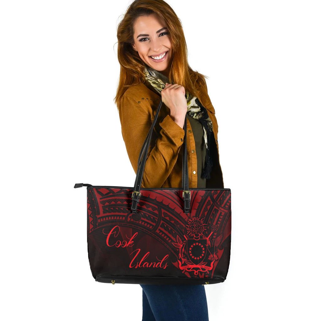 Cook Islands Leather Tote - Red Color Cross Style Black - Polynesian Pride