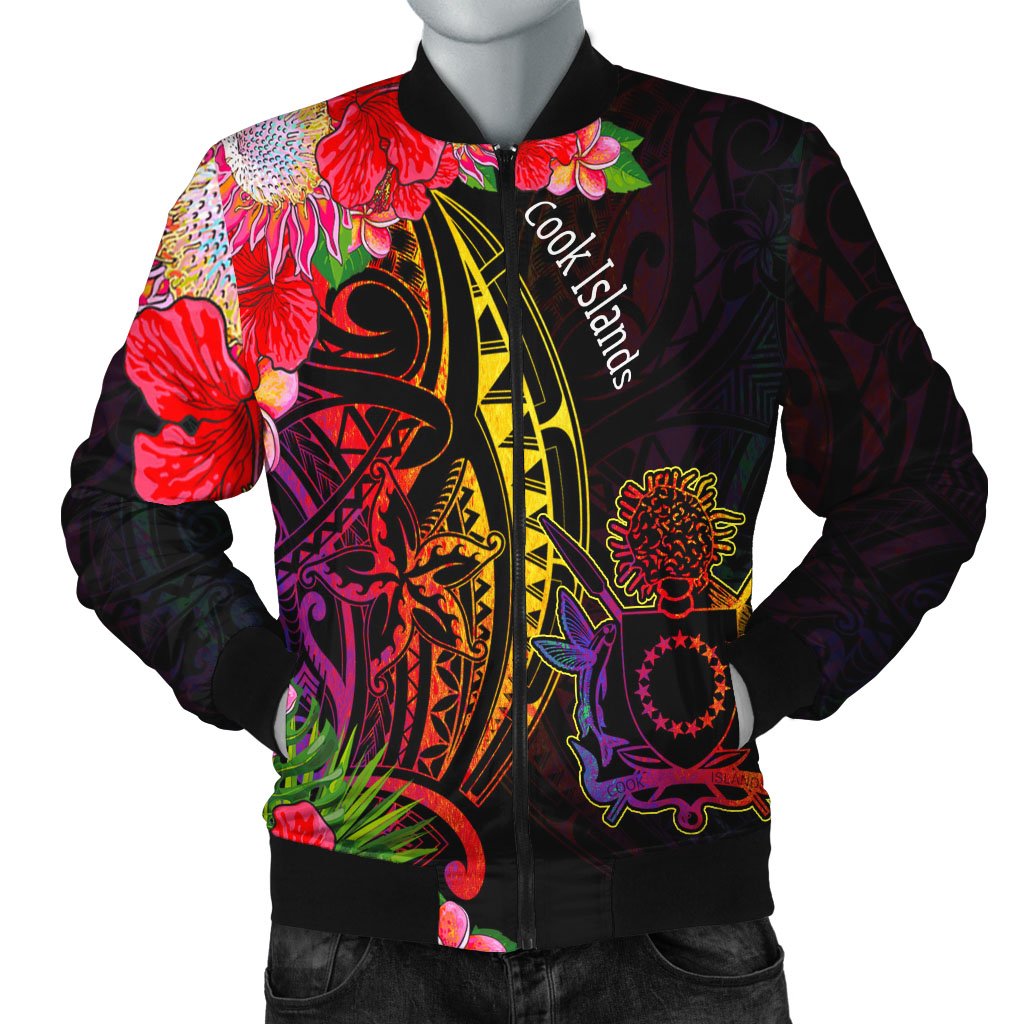 Cook Islands Men's Bomber Jacket - Tropical Hippie Style Black - Polynesian Pride