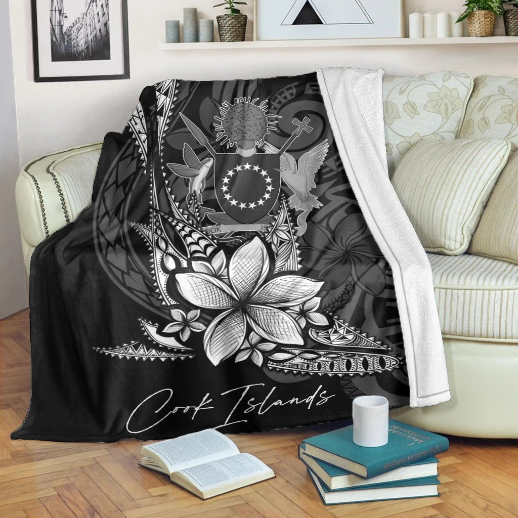 Cook Islands Premium Blanket - Fish With Plumeria Flowers Style White - Polynesian Pride