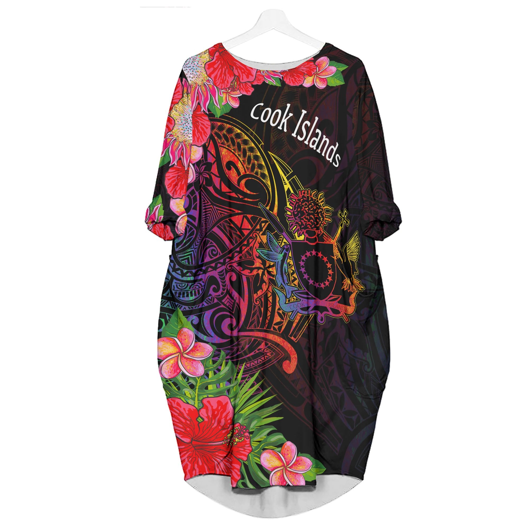 Cook Islands Batwing Pocket Dress - Tropical Hippie Style Women Black - Polynesian Pride