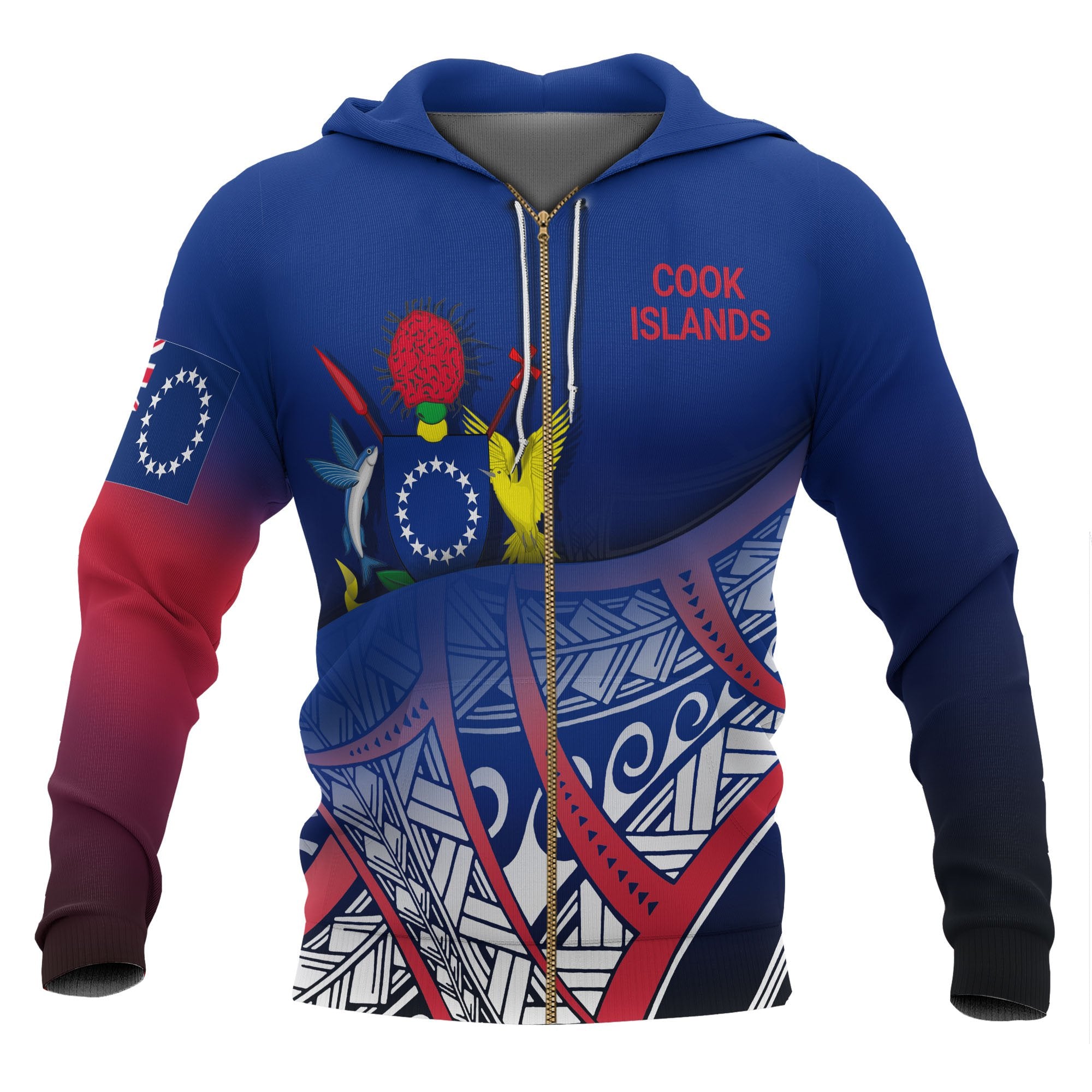 Cook Islands Coat of Arms Zip up Hoodie Polynesian Pattern Unisex Blue - Polynesian Pride