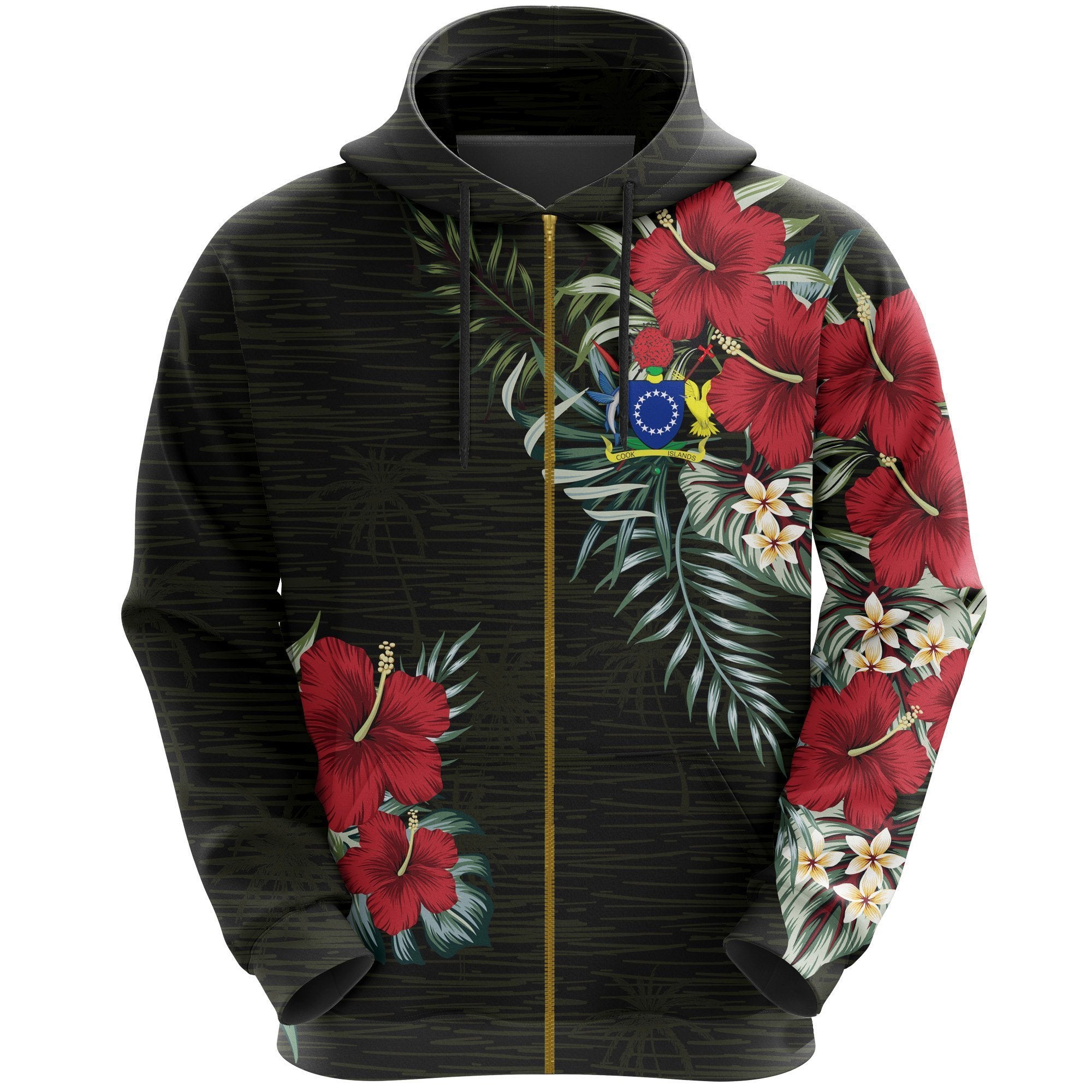 Cook Islands Hibiscus Zipper Hoodie Unisex Black - Polynesian Pride