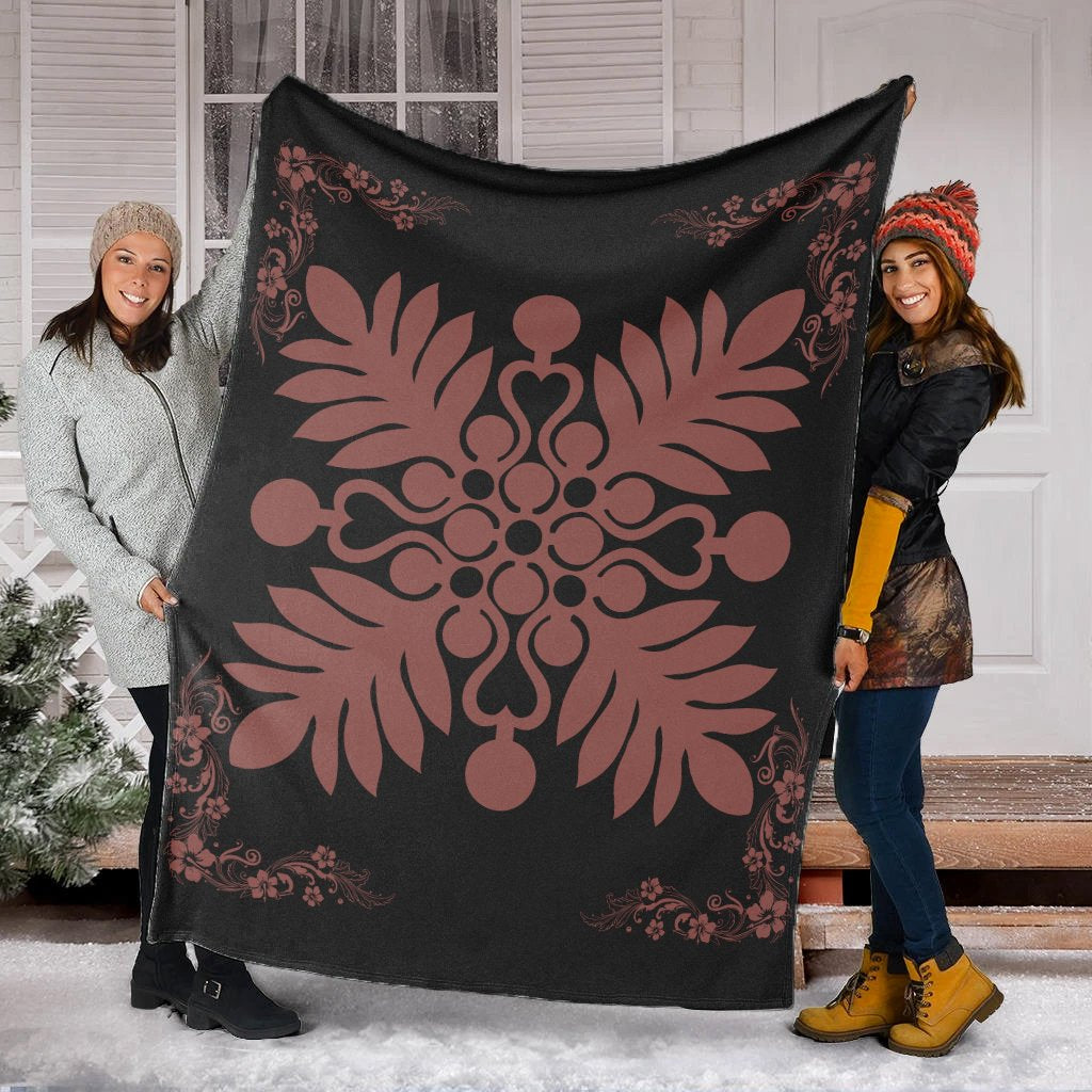Hawaiian Quilt Maui Plant And Hibiscus Premium Blanket - Coral Black - AH - Polynesian Pride