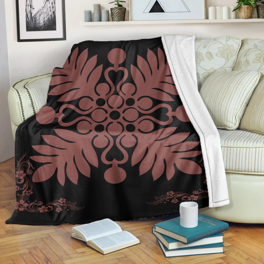 Hawaiian Quilt Maui Plant And Hibiscus Premium Blanket - Coral Black - AH White - Polynesian Pride