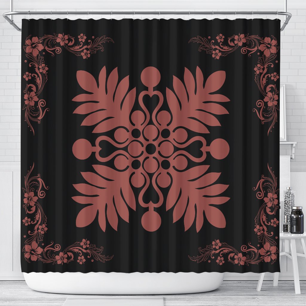 Hawaiian Quilt Maui Plant And Hibiscus Shower Curtain - Coral Black - AH 177 x 172 (cm) Coral - Polynesian Pride
