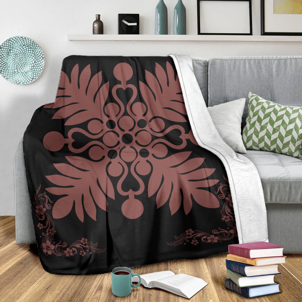 Hawaiian Quilt Maui Plant And Hibiscus Premium Blanket - Coral Black - AH - Polynesian Pride