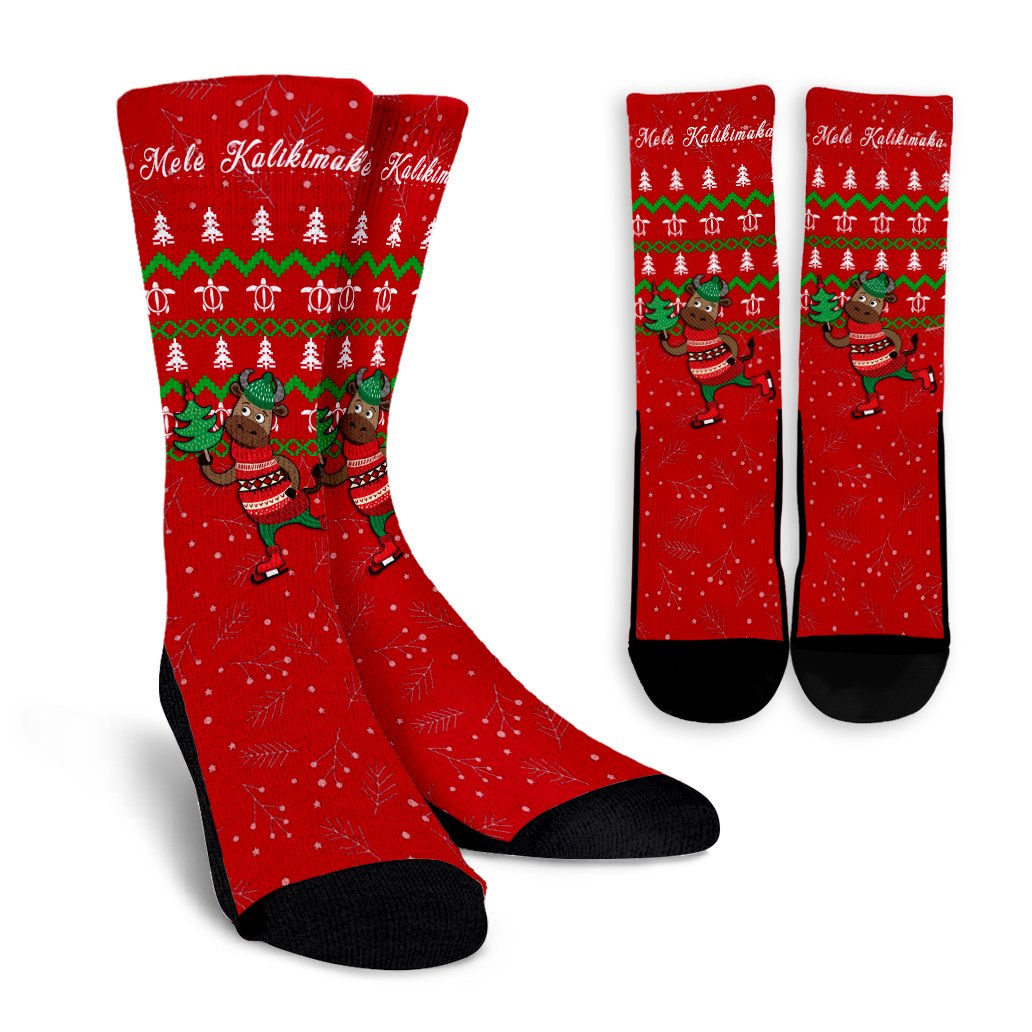 Hawaiian Turtle Christmas Crew Socks - Red - Felix Style - AH Crew Socks Red - Polynesian Pride
