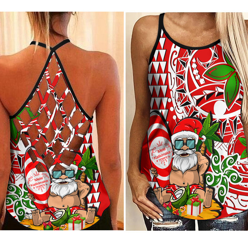 Hawaii Mele Kalikimaka Santa Claus Beach Criss Cross Tank Top LT6 Female Red - Polynesian Pride
