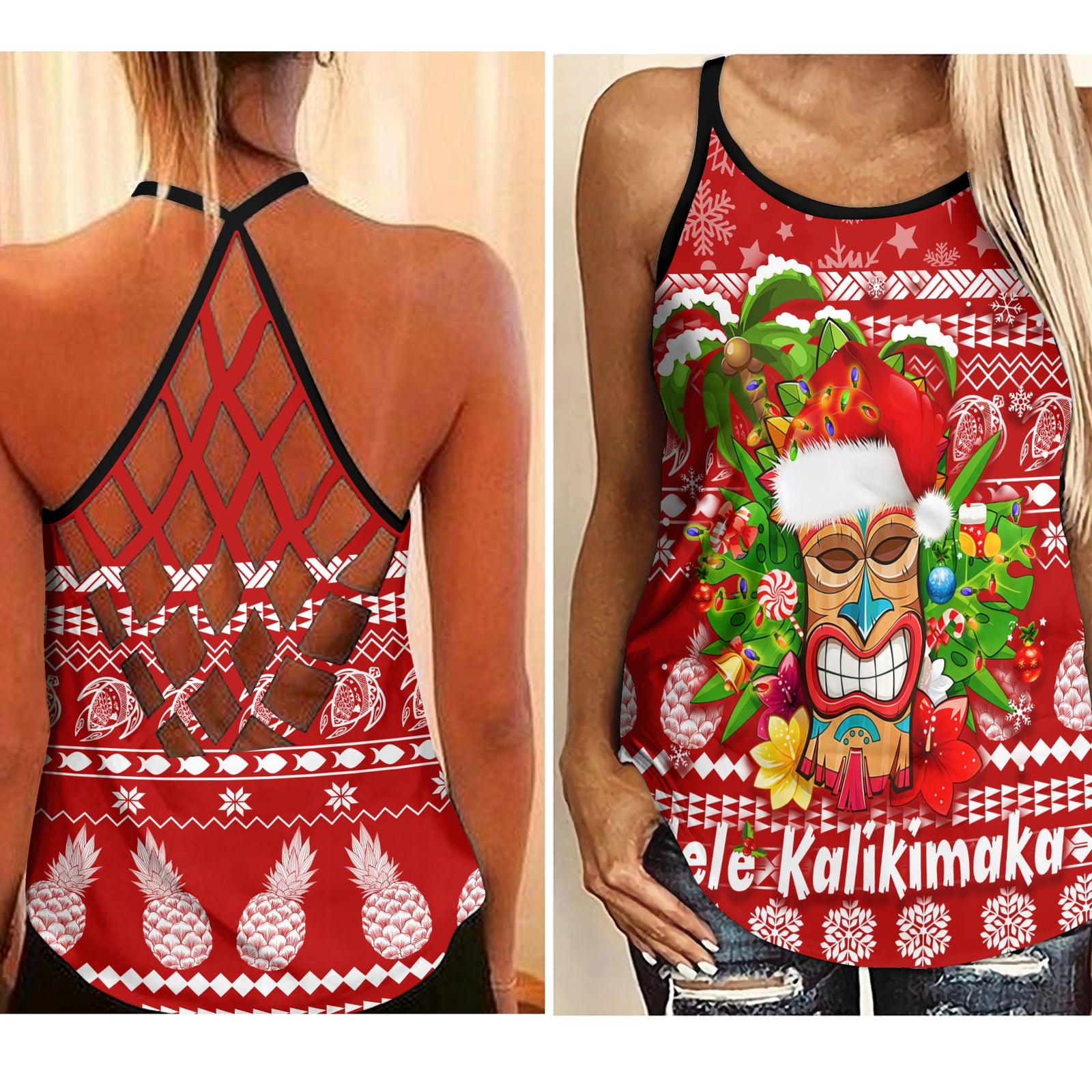 Hawaii Christmas Criss Cross Tank Mele Kalikimaka - Tiki LT7 Female Red - Polynesian Pride