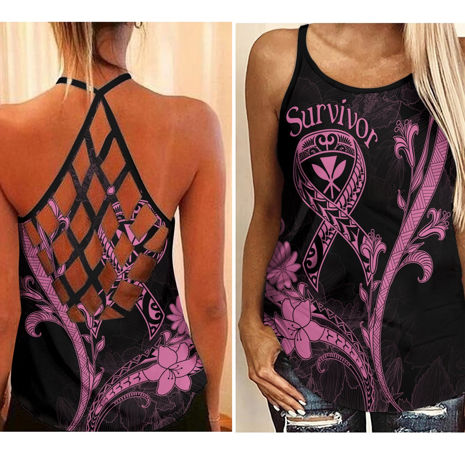 Hawaii Criss Cross Tank Breast Cancer Survivor Mix Hibiscus LT7 Female Black - Polynesian Pride