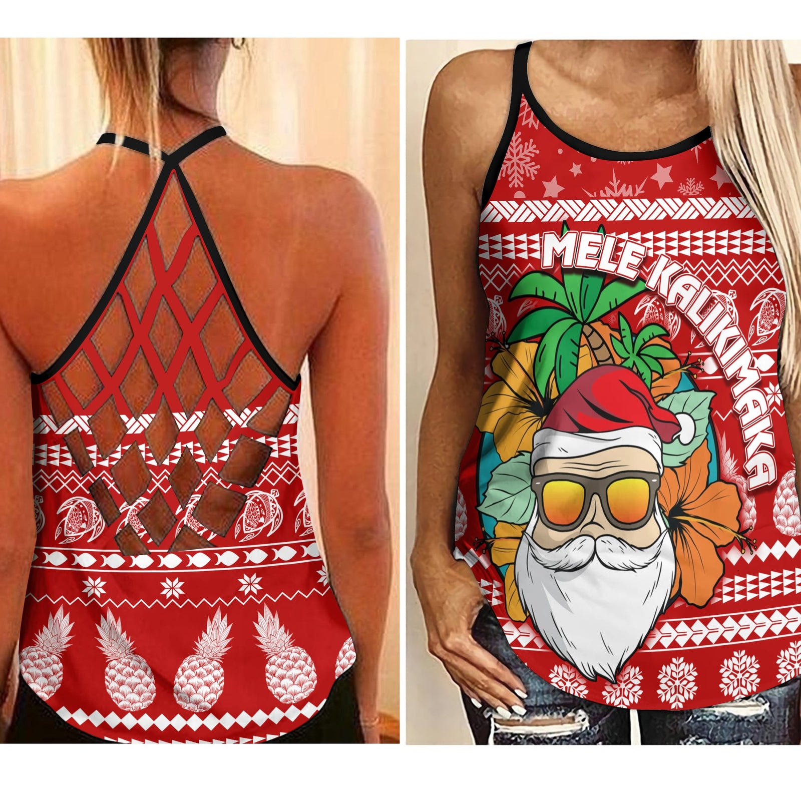 Hawaii Christmas Criss Cross Tank Mele Kalikimaka - Tropical Santa LT7 Female Red - Polynesian Pride