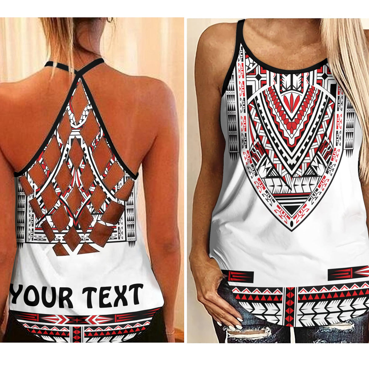 (Custom Personalised) Polynesian Criss Cross Tank Top Dashiki With Polynesian Tattoo Royal Version LT14 Female White - Polynesian Pride