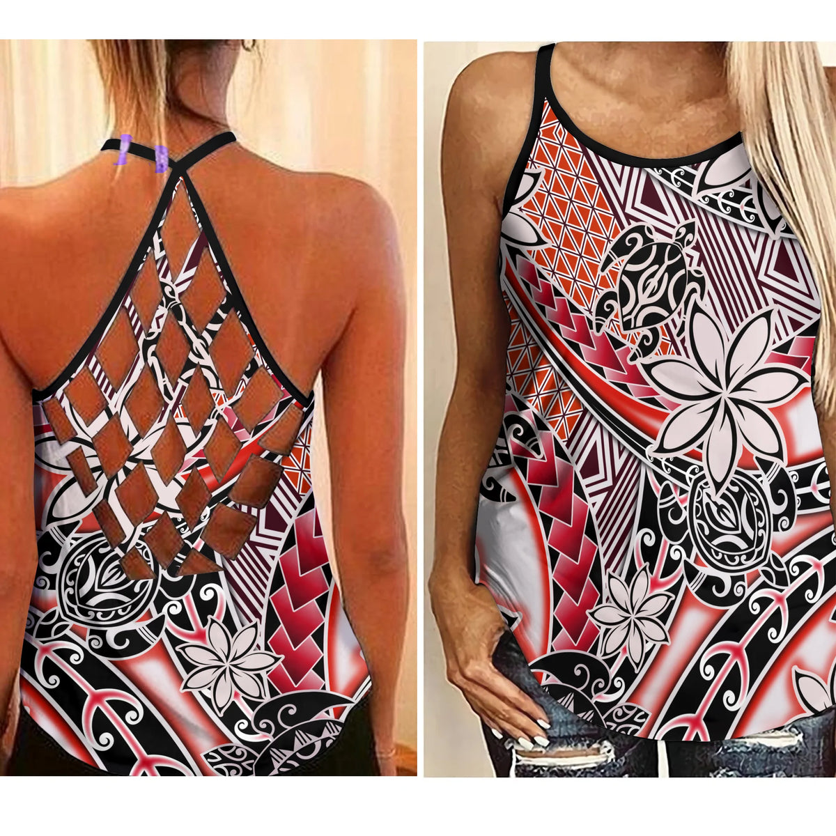 Hawaii Criss Cross Tank Top Tribal Plumeria With Polynesian Turtle Ver.03 LT14 Female Red - Polynesian Pride